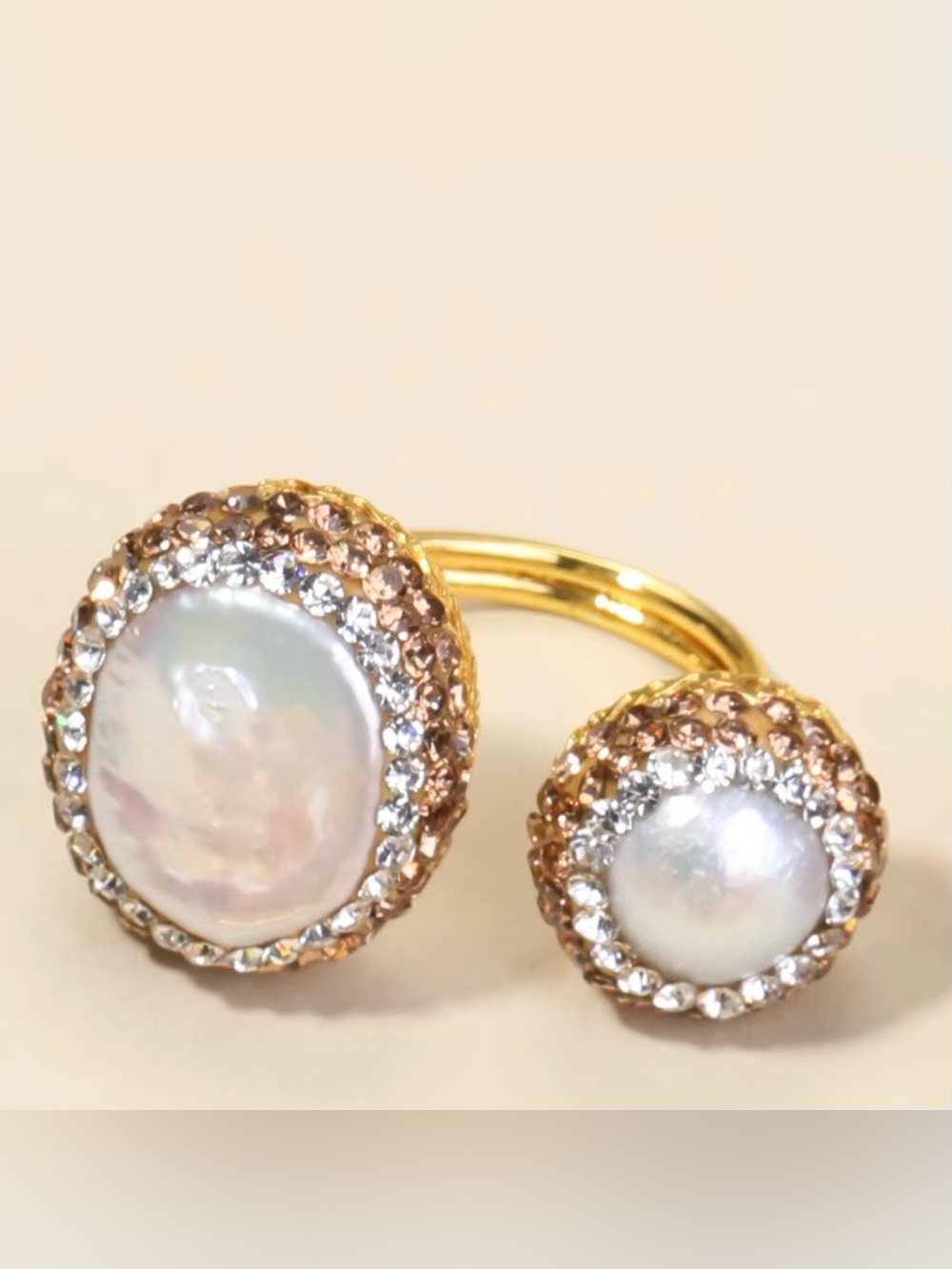 Adjustable 2 Finger Ring Double SidedPearl Ring Encrusted w/ Zircon Rhinestones